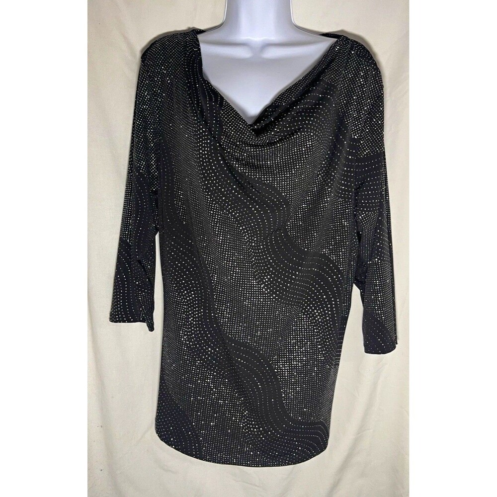 Dressbarn Women’s Plus Blouse 2X Black/Silver Glitter Cowl Neck 3/4 Sleeve